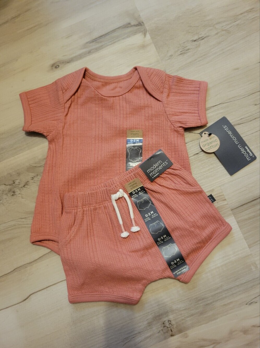 Waffle Knit Short Sleeve Baby 2 Piece Set- Coral